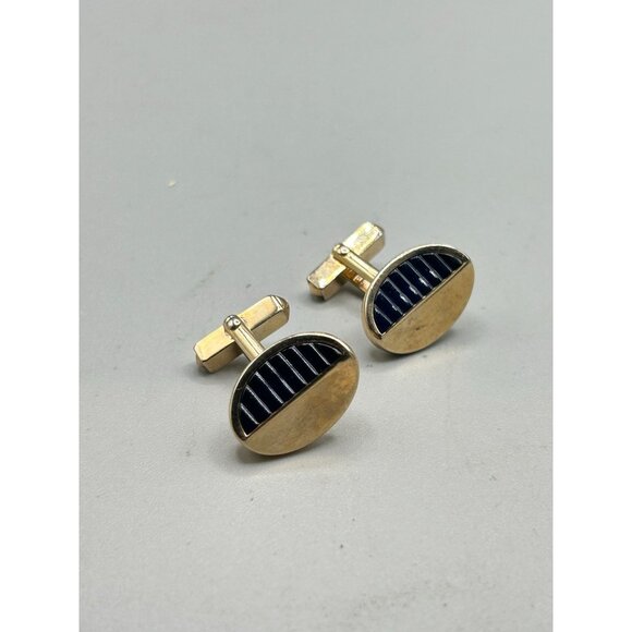 Vintage Swank Cufflinks Gold Tone Blue Textured Sides Mid Century Modern Design - Picture 2 of 8